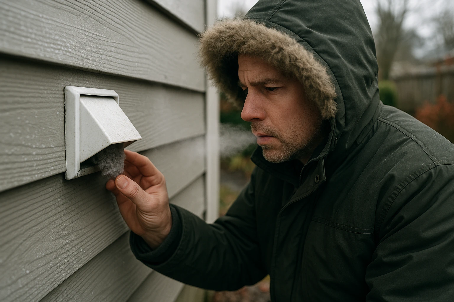 Checking an exterior dryer vent for ice blockage during winter.