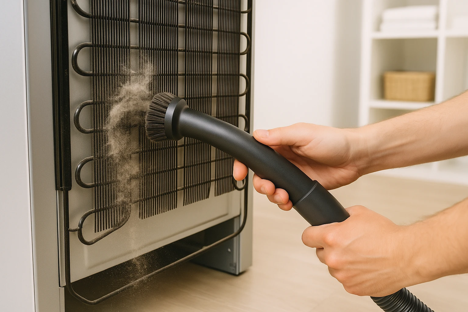 Person cleaning refrigerator condenser coils to prepare for winter.