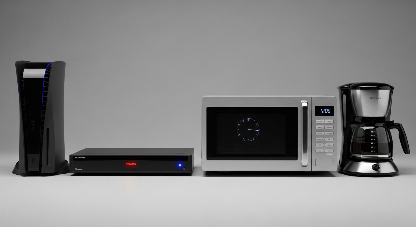 A collage of common energy draining appliances like a cable box, game console, and microwave
