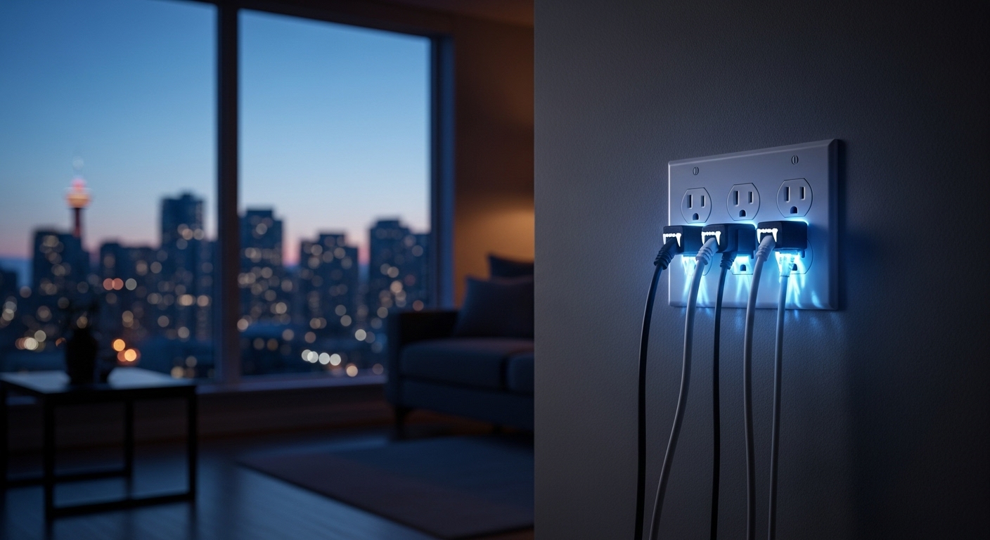 Energy vampire appliances plugged into a wall outlet in a Vancouver home