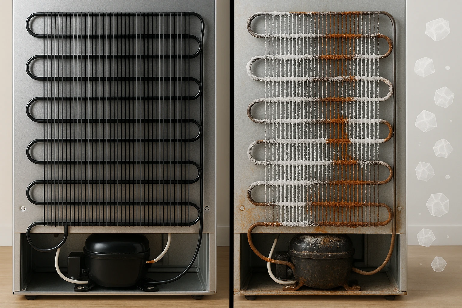Refrigerator condenser coils showing significant corrosion and buildup caused by salt air.