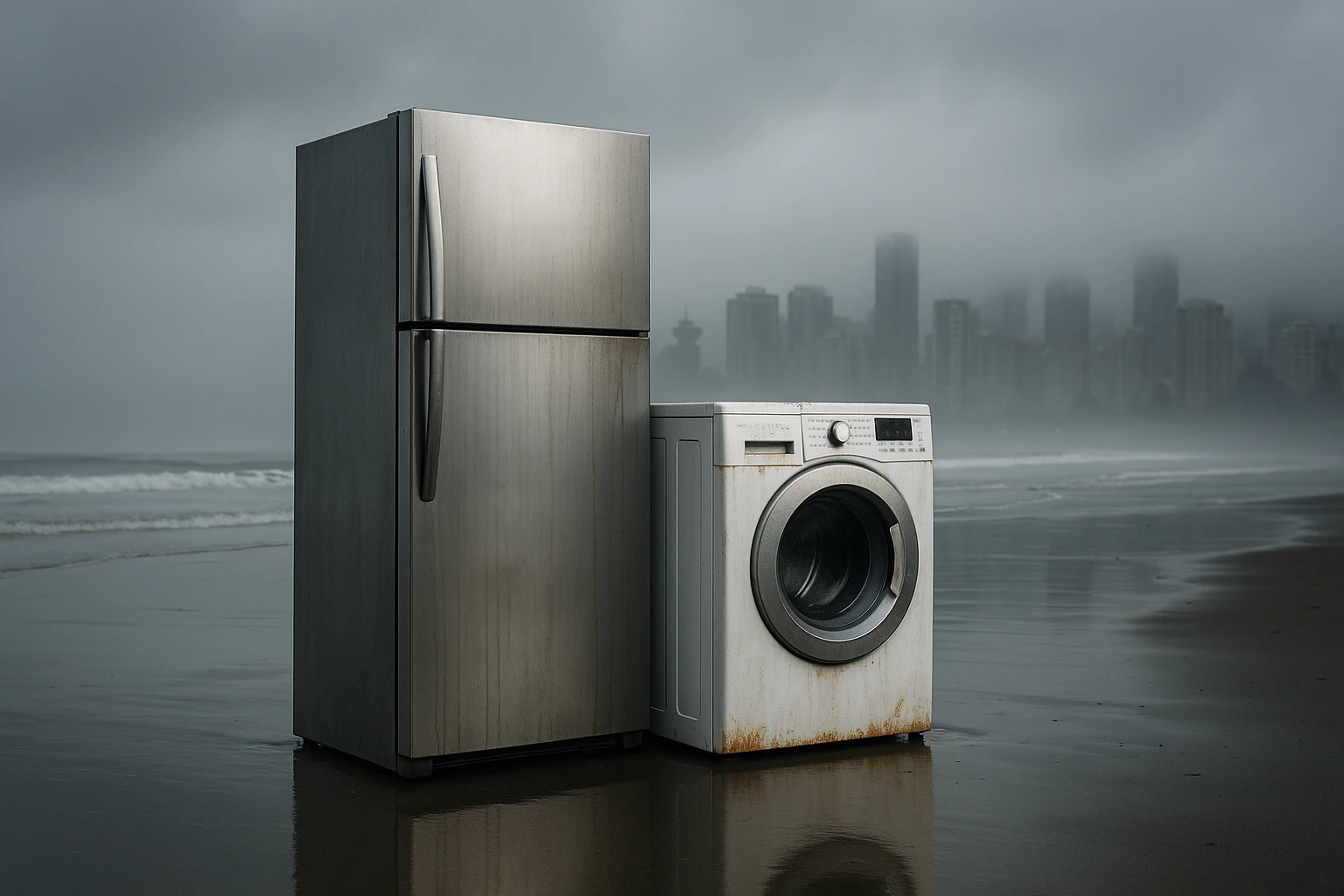 A collection of household appliances superimposed over a scenic view of Vancouver's coast.