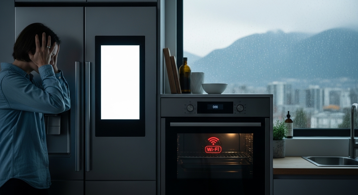 Frustrated person in a modern kitchen looking at their smart refrigerator which is displaying a connectivity error message.