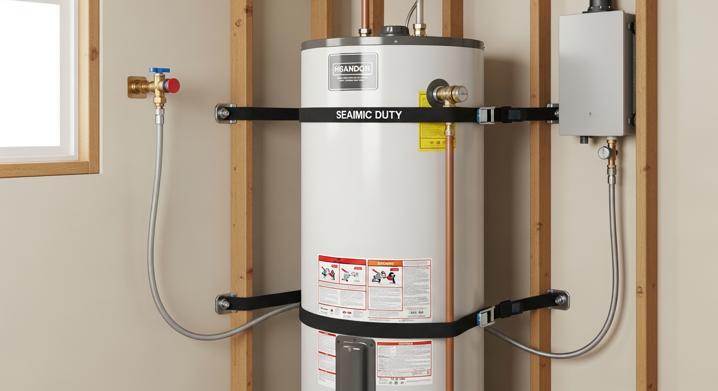 Close-up of seismic straps properly securing a water heater to a wall to prevent tipping during an earthquake.