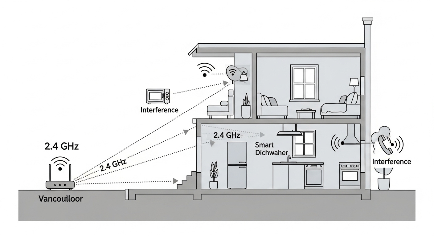A diagram illustrating how household devices like microwaves and cordless phones can cause Wi-Fi signal interference for smart home appliances.