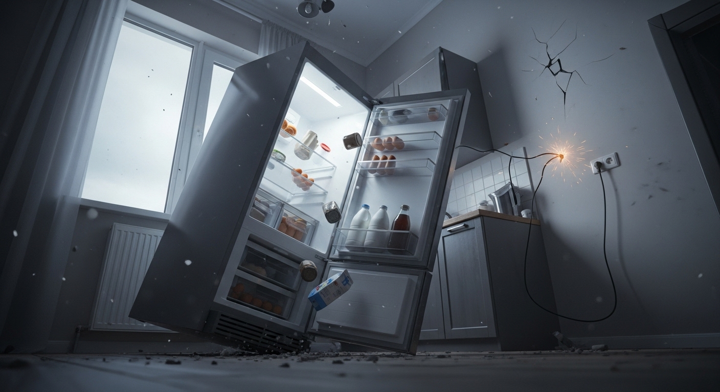 A refrigerator that has toppled over in a kitchen, showing an earthquake hazard.