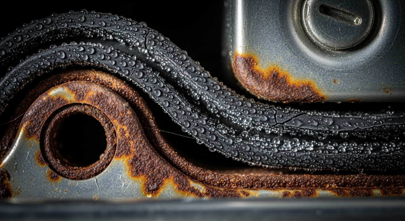 Close-up of a corroded metal appliance component caused by Vancouver's humid climate.