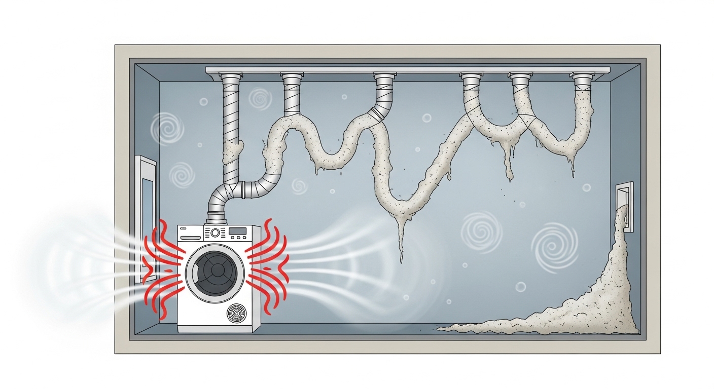 Cutaway view of a clogged dryer vent in a high-rise building