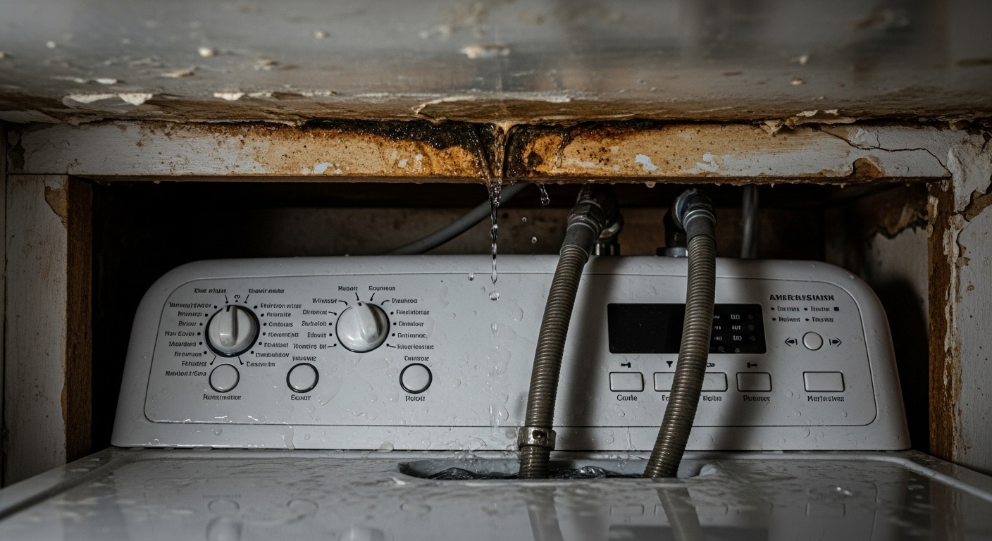 A water-damaged ceiling and wall behind a washing machine, caused by a hidden roof leak.