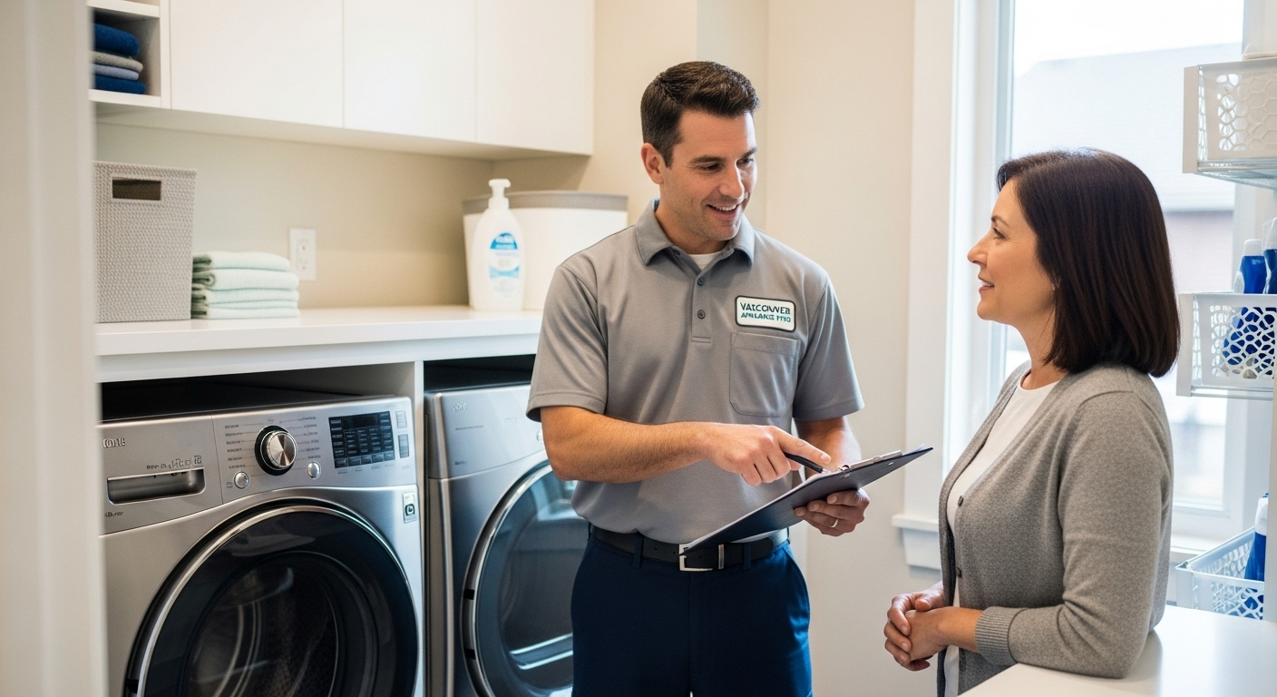 A homeowner consulting with a professional appliance technician in their kitchen before listing their property
