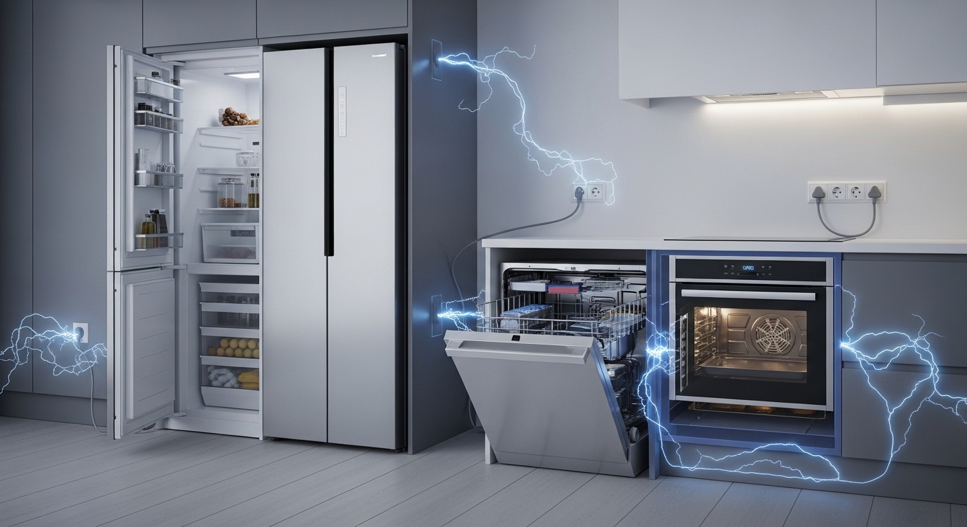 Diagram showing how an internal power surge from a large appliance can damage other electronics in a house.