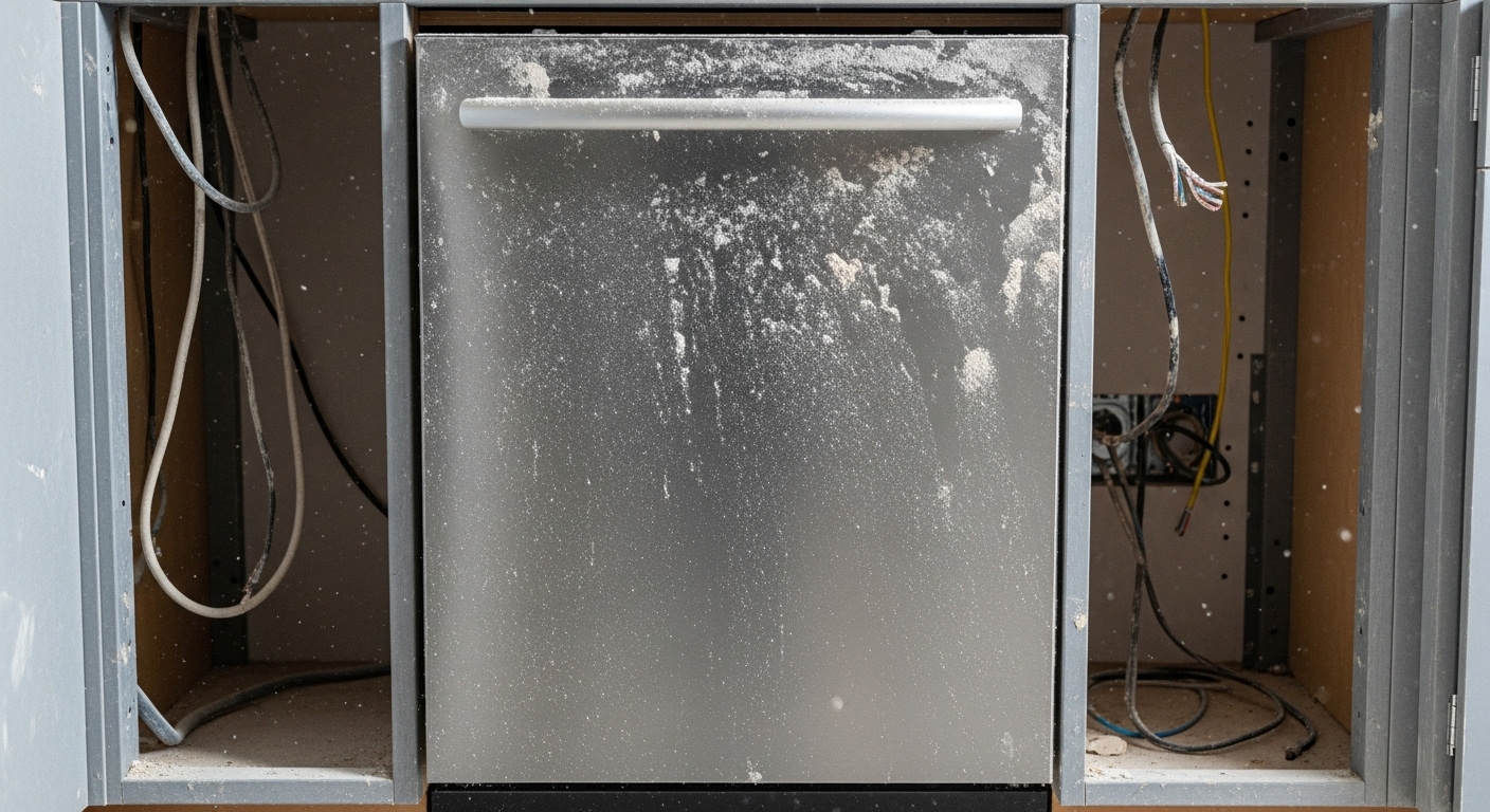 A new stainless steel appliance sitting in a dusty, unfinished home, vulnerable to damage during construction.
