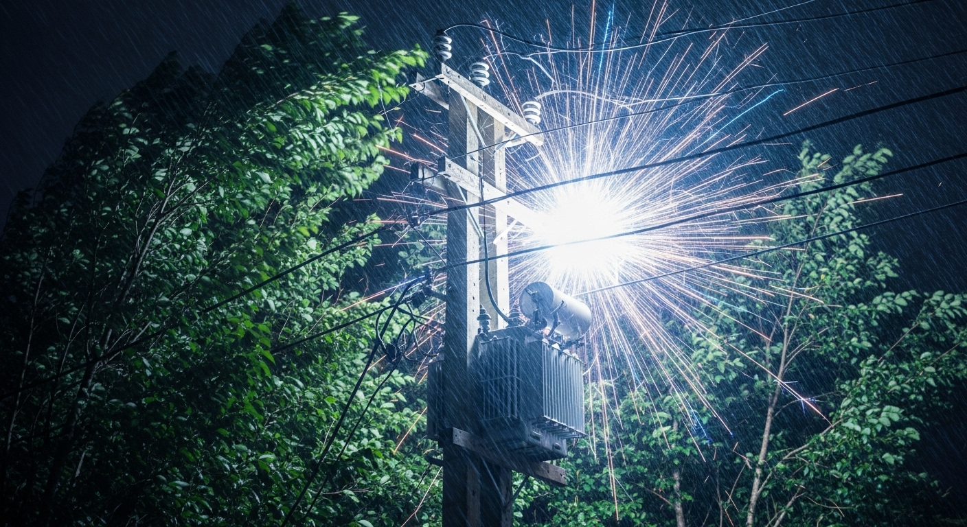 Sparks flying from a power line transformer during a storm, indicating a dangerous power surge.