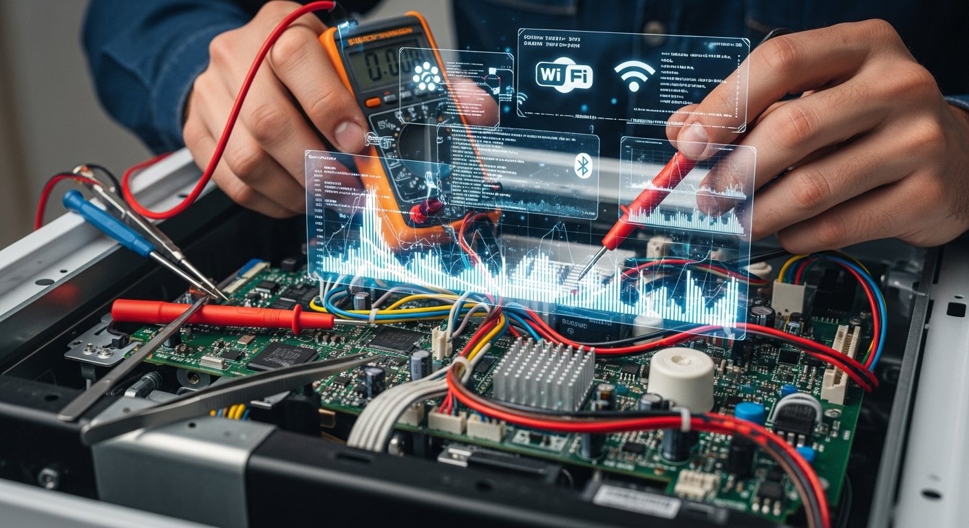 Technician diagnosing the complex electronics of a smart appliance.