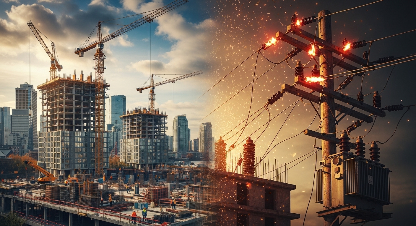 Vancouver city skyline with construction cranes, illustrating the strain on the electrical grid.