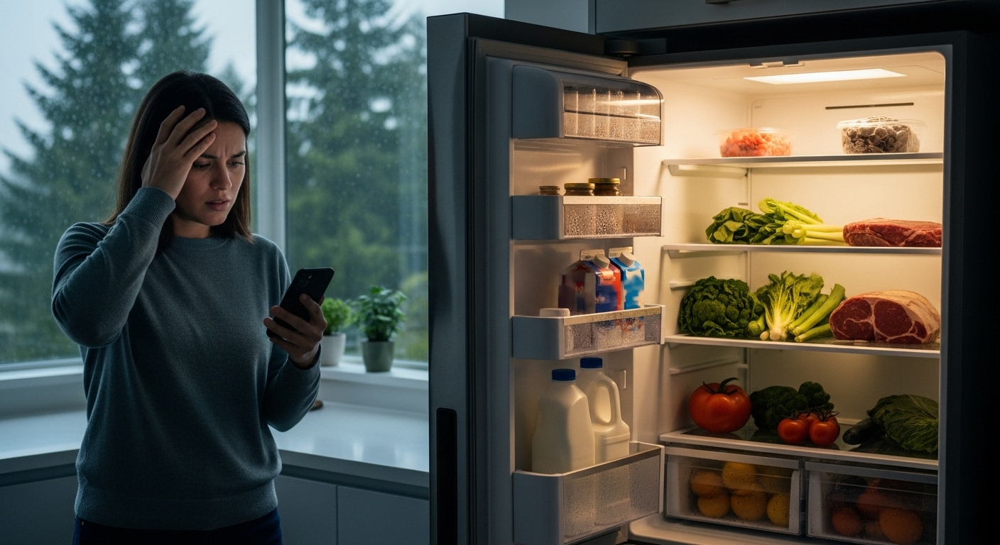 A stressed Vancouver homeowner on the phone, dealing with a broken refrigerator and potential food spoilage.
