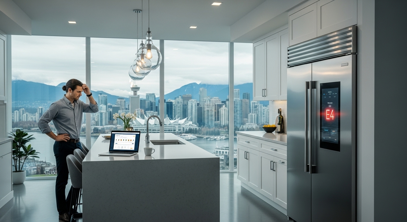 A concerned homeowner in Vancouver looking at a modern appliance with an error code, indicating an electrical problem.