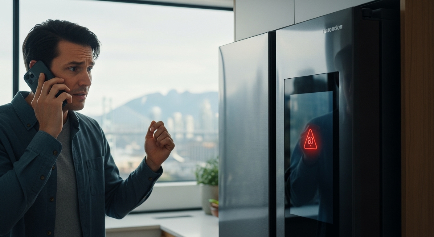 A frustrated Vancouver homeowner on the phone in front of their malfunctioning smart fridge.