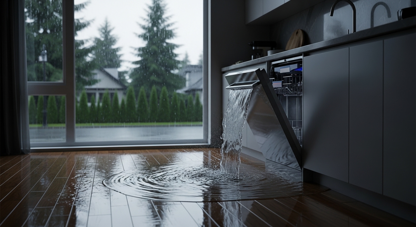 Water damaged kitchen cabinetry and floor surrounding a dishwasher in a Vancouver home.