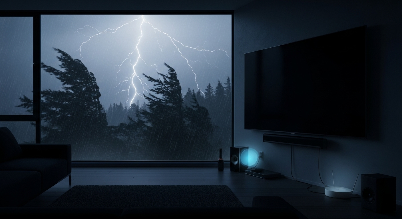 Storm clouds and lightning over Vancouver skyline, representing power outage risks to appliances.