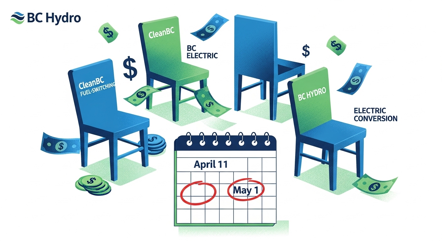 BC heat pump rebate program changes represented as musical chairs