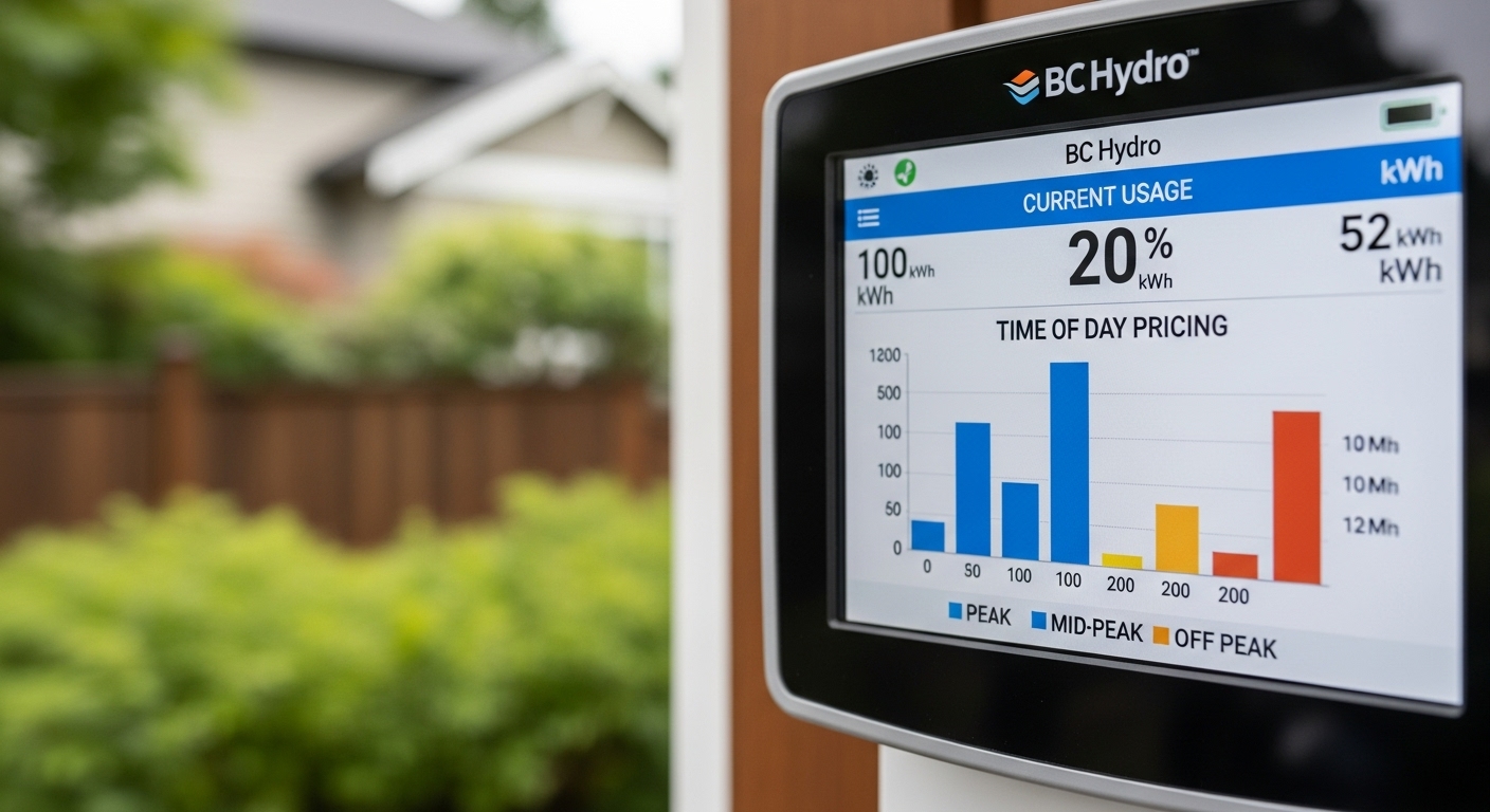 A BC Hydro smart meter displaying different electricity rate options for homeowners.