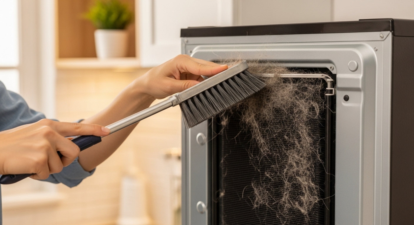 Technician cleaning refrigerator coils to prevent overheating