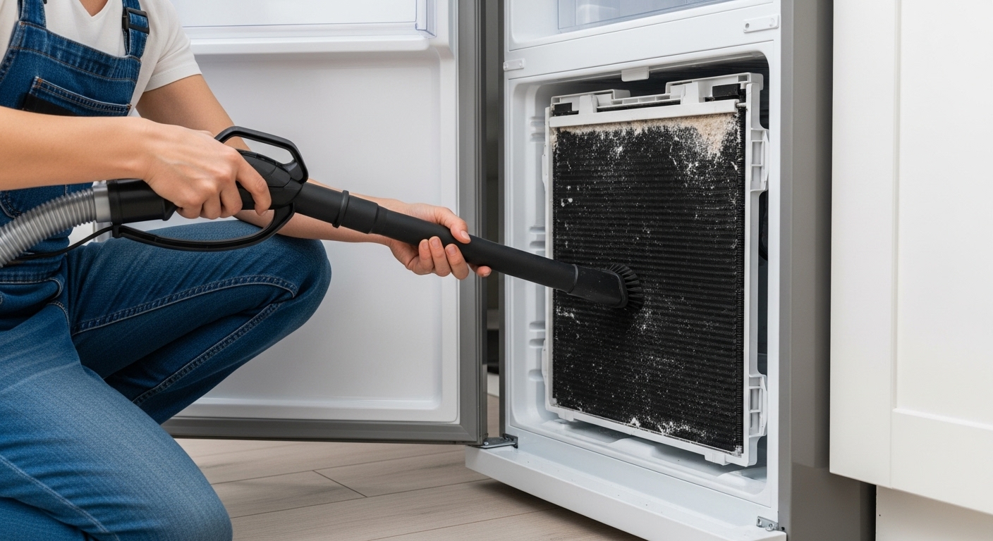 A person cleaning the condenser coils on the back of a refrigerator.