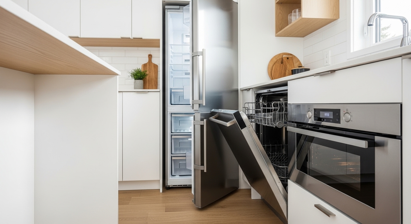 Compact appliances showing space constraints in a laneway house kitchen.