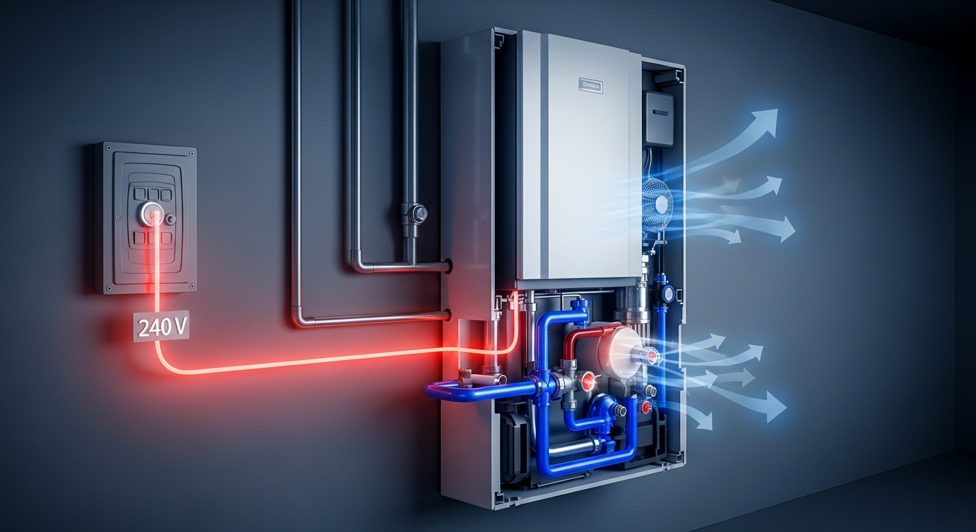 Complex diagram of a heat pump water heater installation