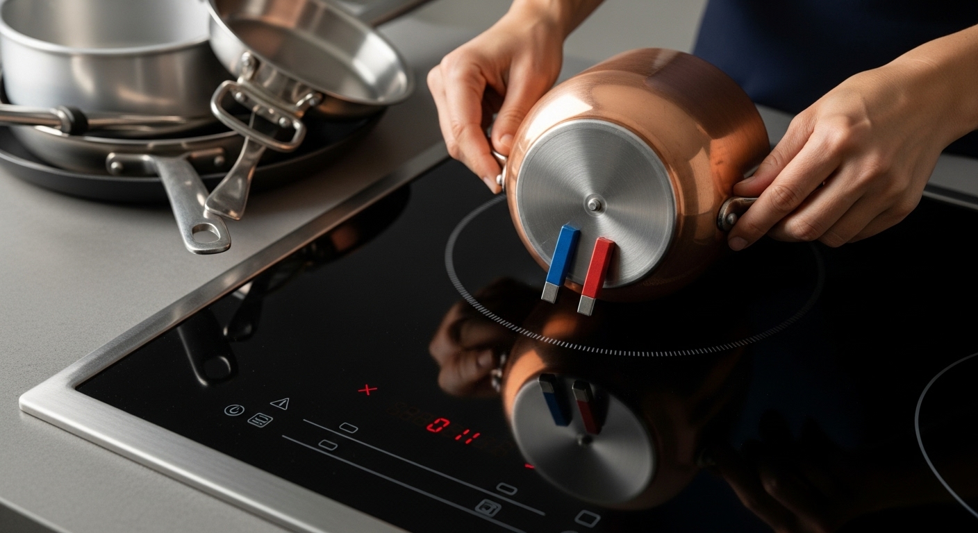 A person testing if cookware is compatible with an induction cooktop by seeing if a magnet sticks to the bottom.