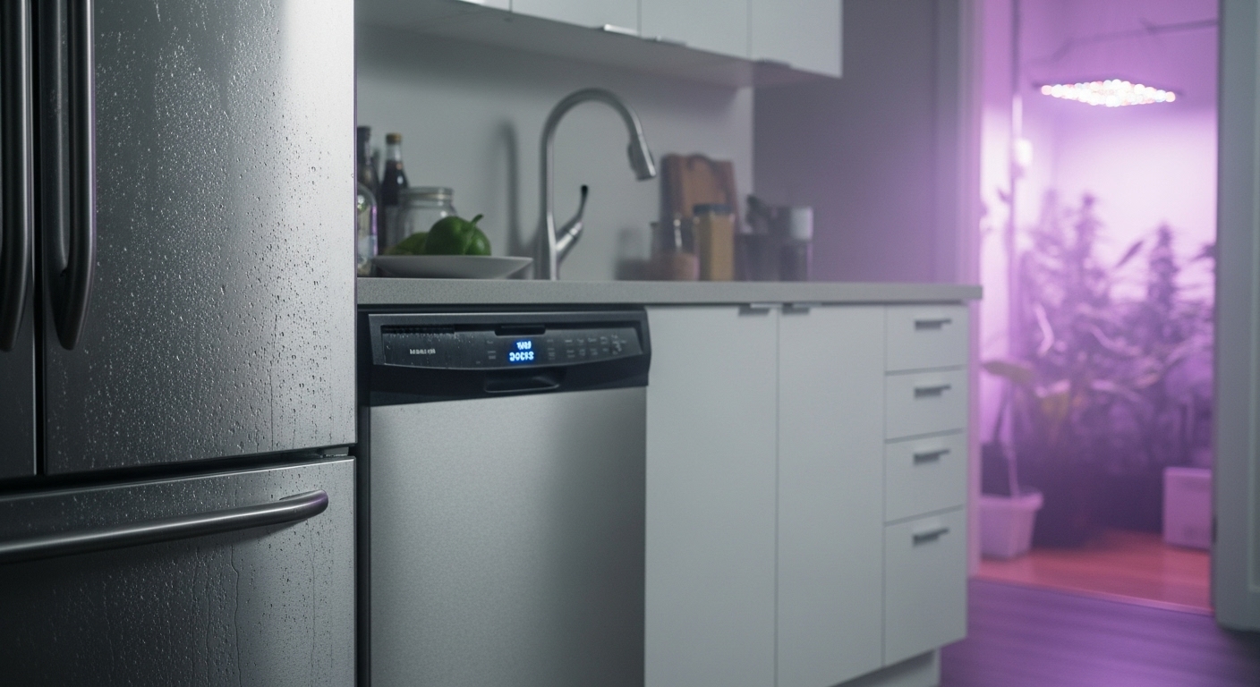 A modern kitchen with appliances showing signs of damage from high humidity caused by an indoor grow room.