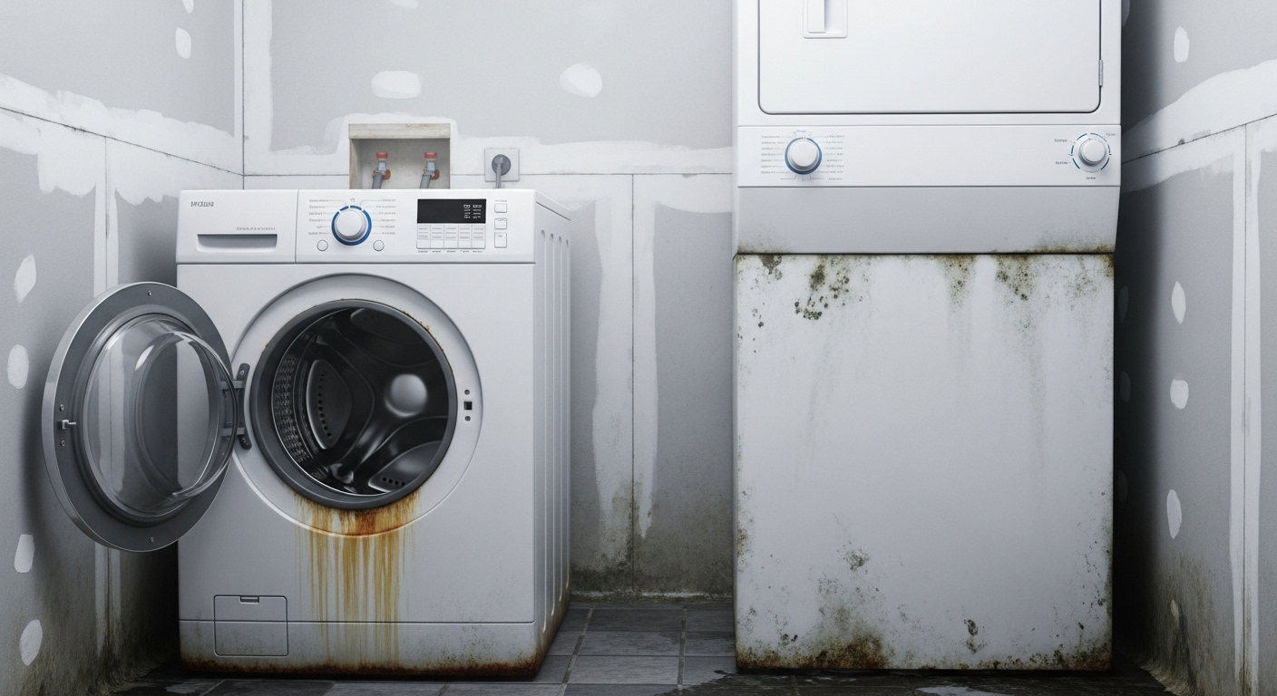 A laundry room showing signs of moisture damage, such as peeling paint and mold, due to high humidity from cannabis cultivation.