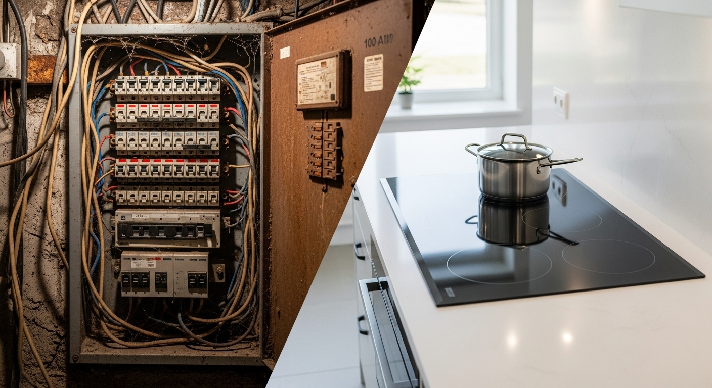 An old, outdated electrical panel that needs an upgrade to support a new induction cooktop.