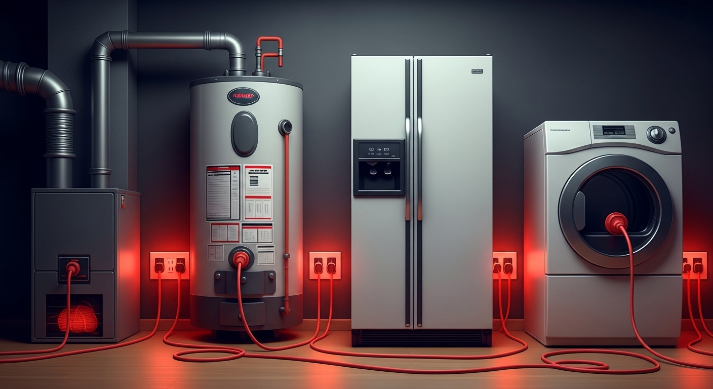 A collage of power-hungry home appliances including a refrigerator, dryer, and water heater.