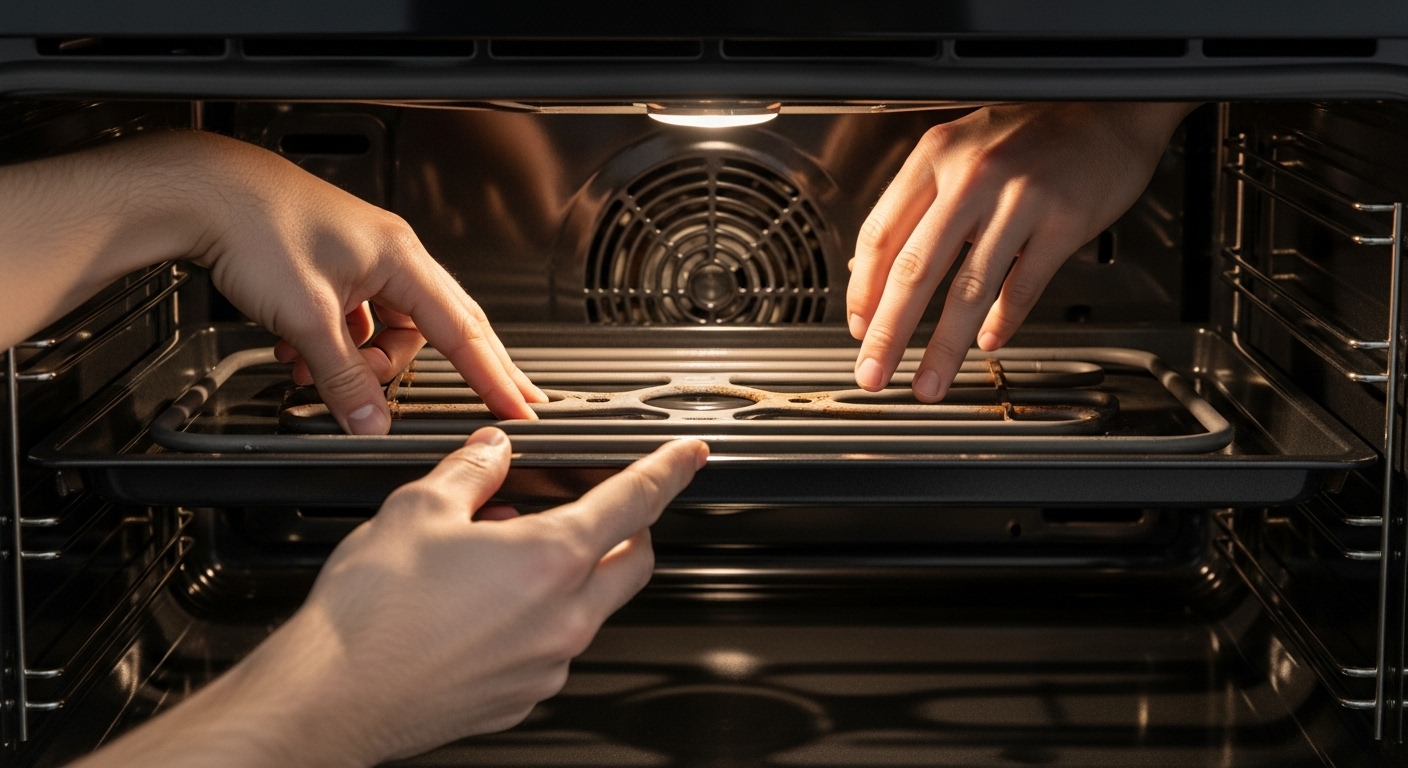 A technician performing a pre-holiday maintenance check on an oven.