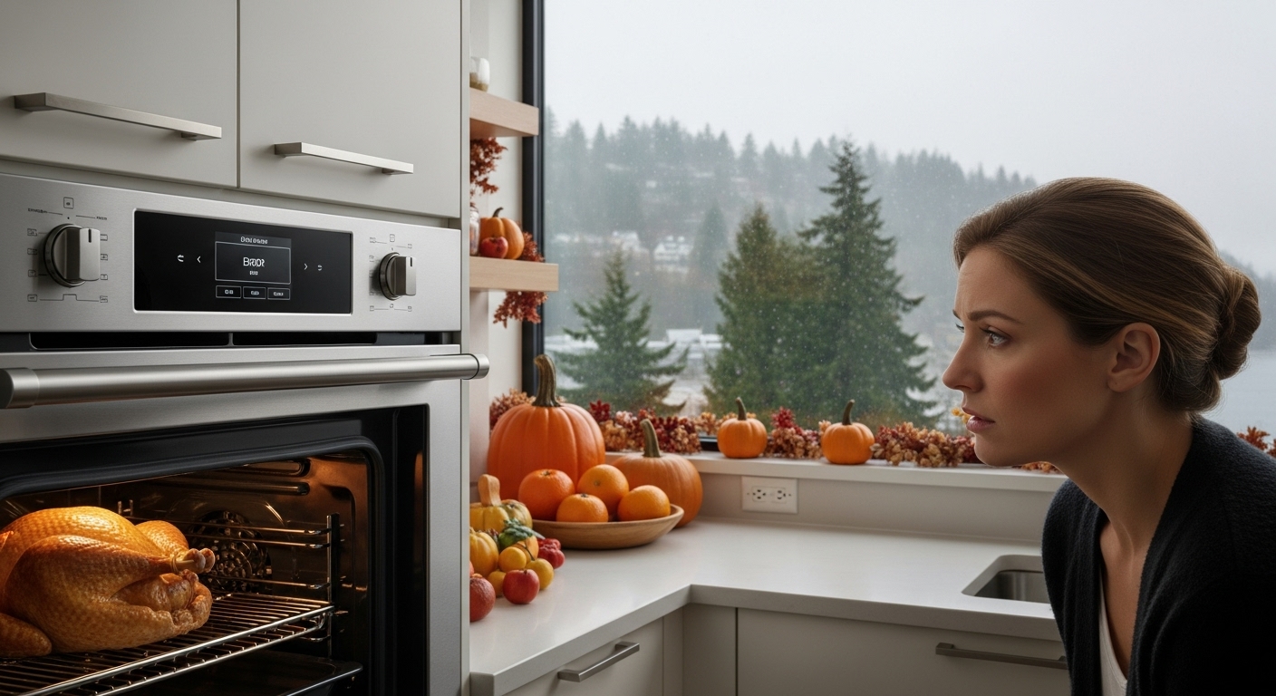 A kitchen scene showing a stressed person looking at an oven, representing holiday appliance stress in Vancouver.