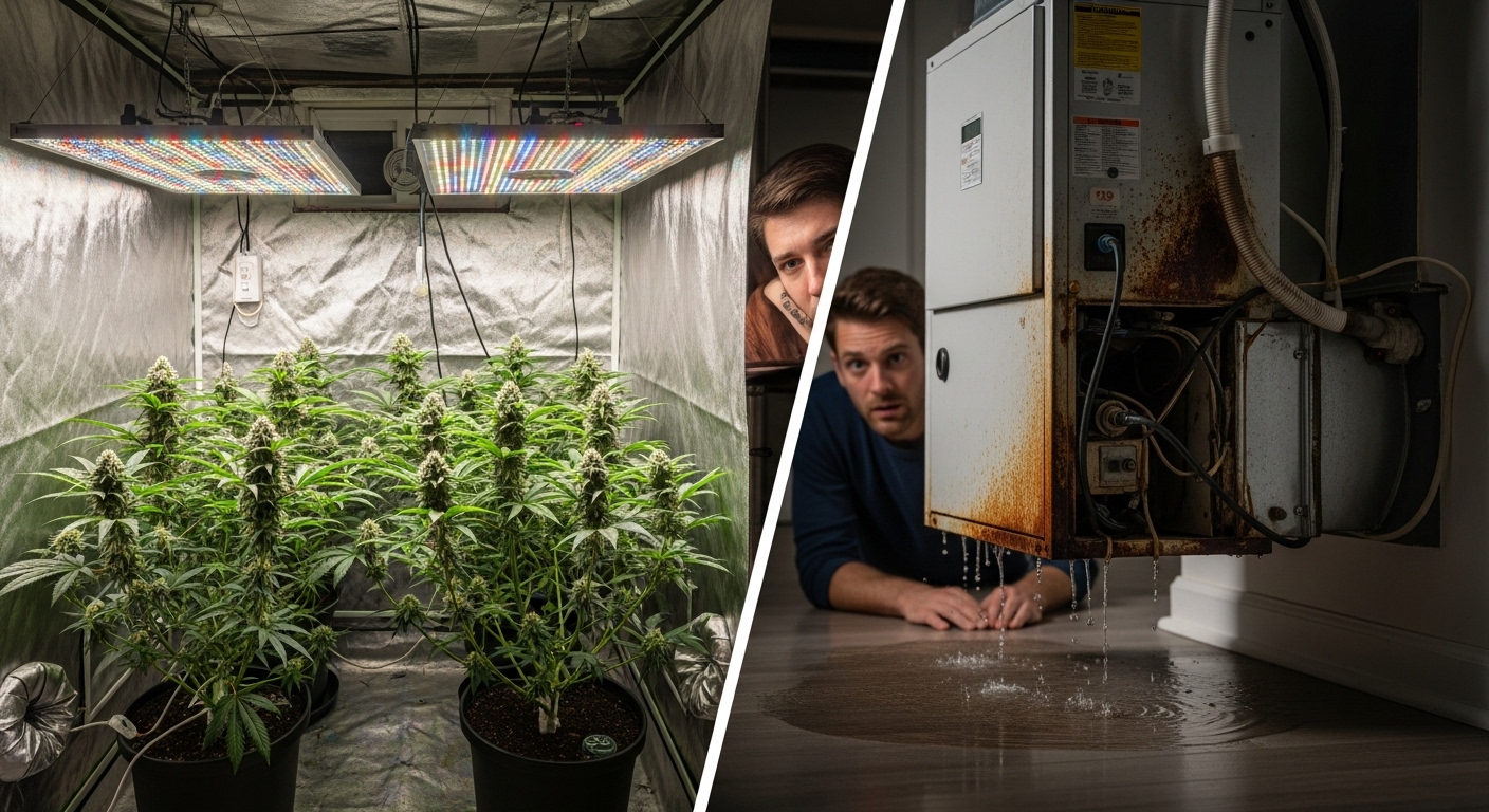 A home cannabis grow setup showing humidity issues and moisture buildup on the walls of a Vancouver home.