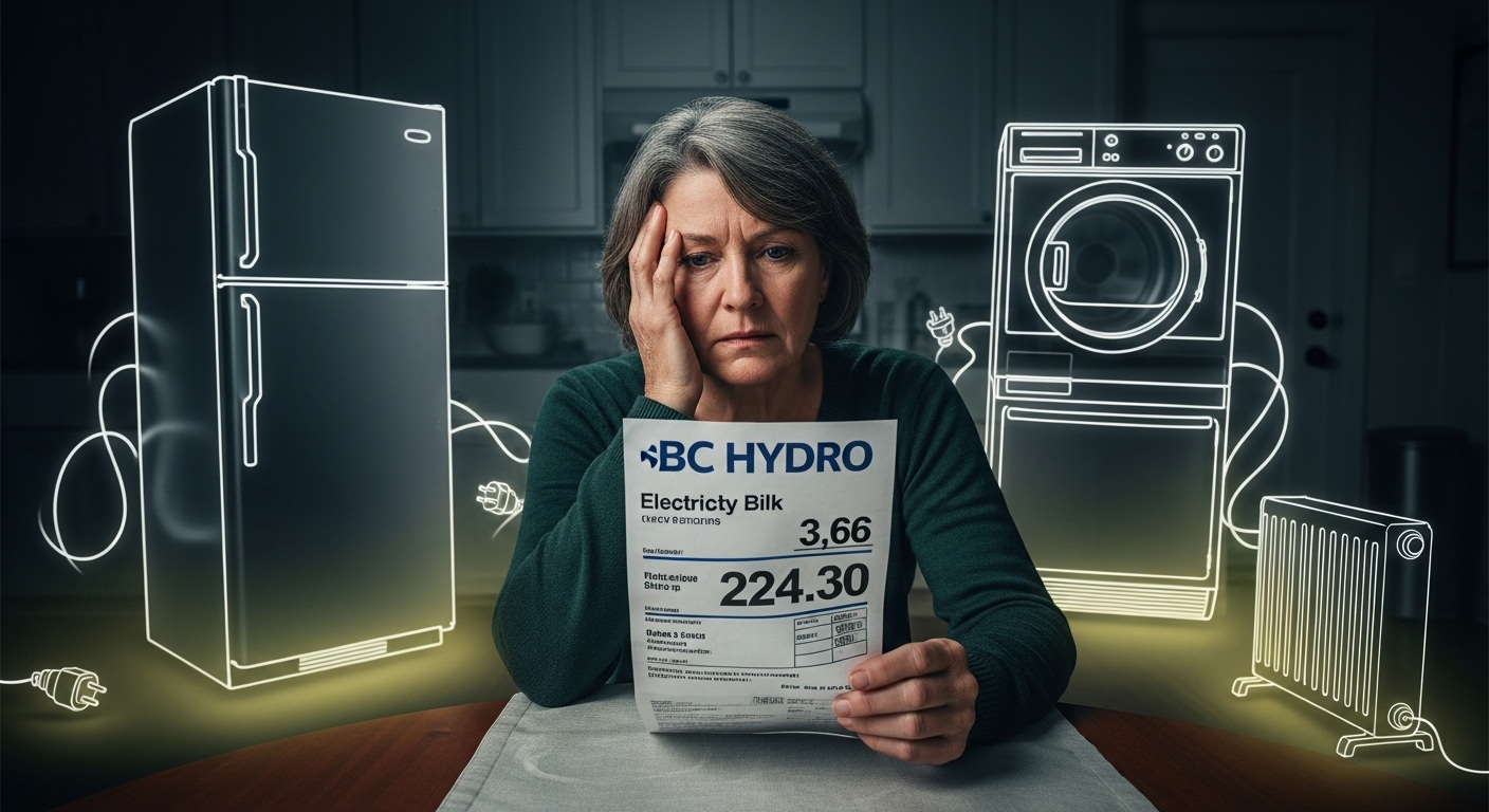 Vancouver homeowner looks shocked at their high electricity bill from BC Hydro.