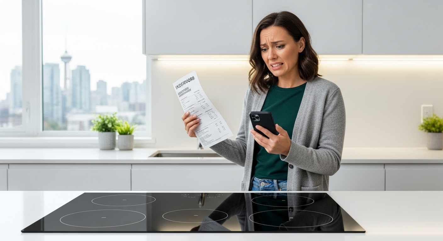 Stressed Vancouver homeowner looking at a new induction cooktop installation project.
