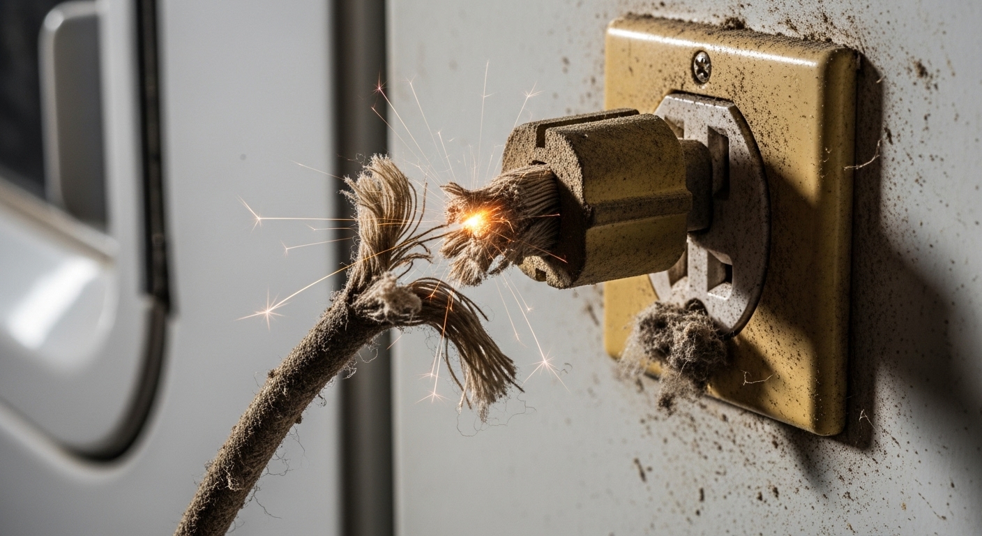 Close-up of an old dryer's electrical components, highlighting a fire hazard.