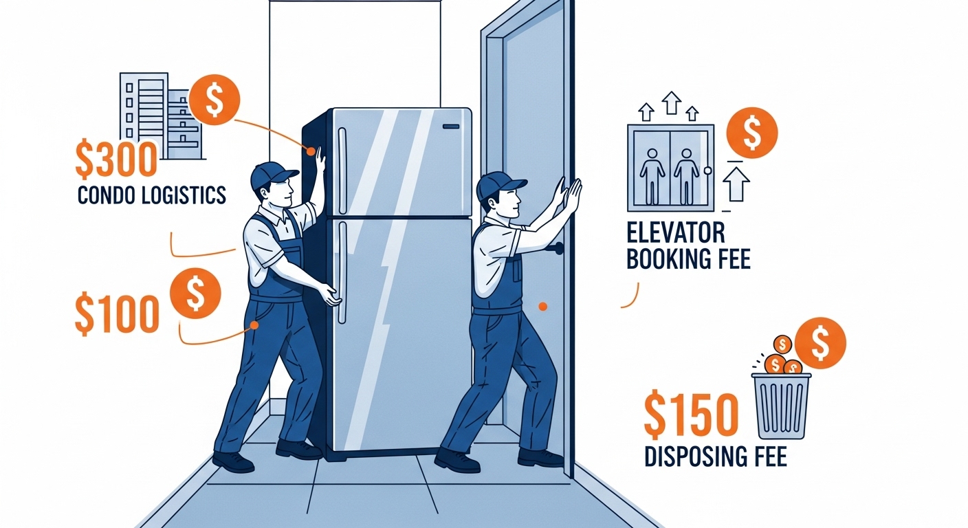 Movers struggling to maneuver a large appliance in a narrow Vancouver condo hallway, illustrating the logistical challenges of replacement.