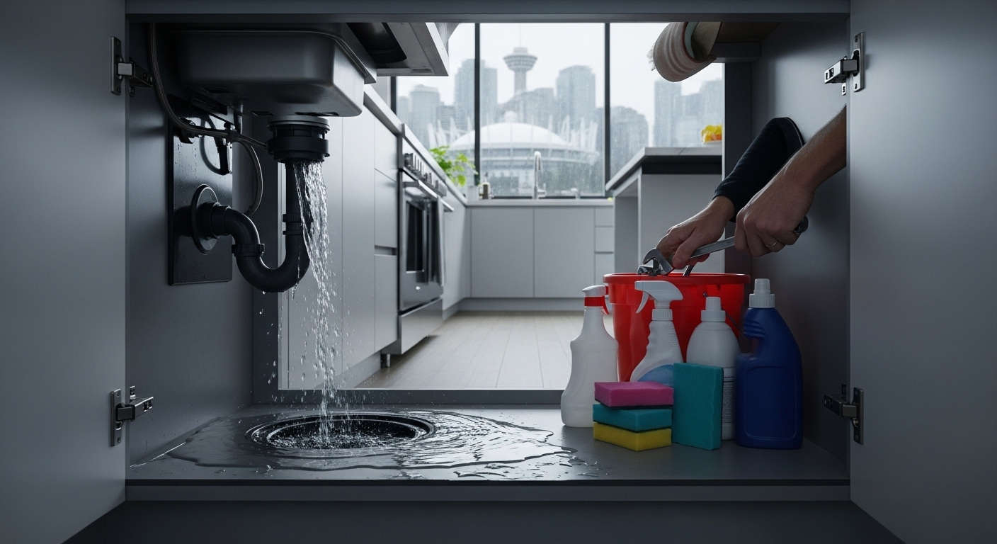 Broken garbage disposal under a kitchen sink in a Vancouver home