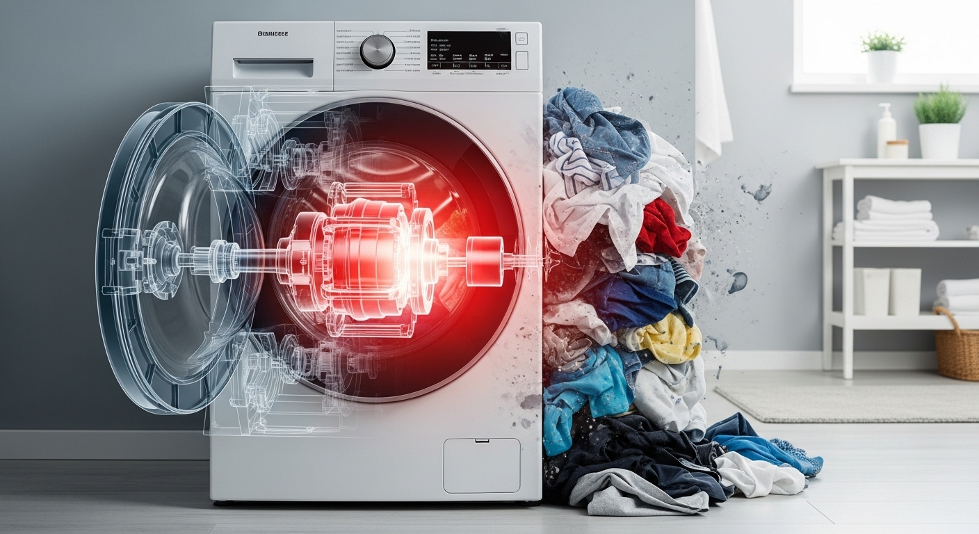 Overloaded washing machine with laundry spilling out
