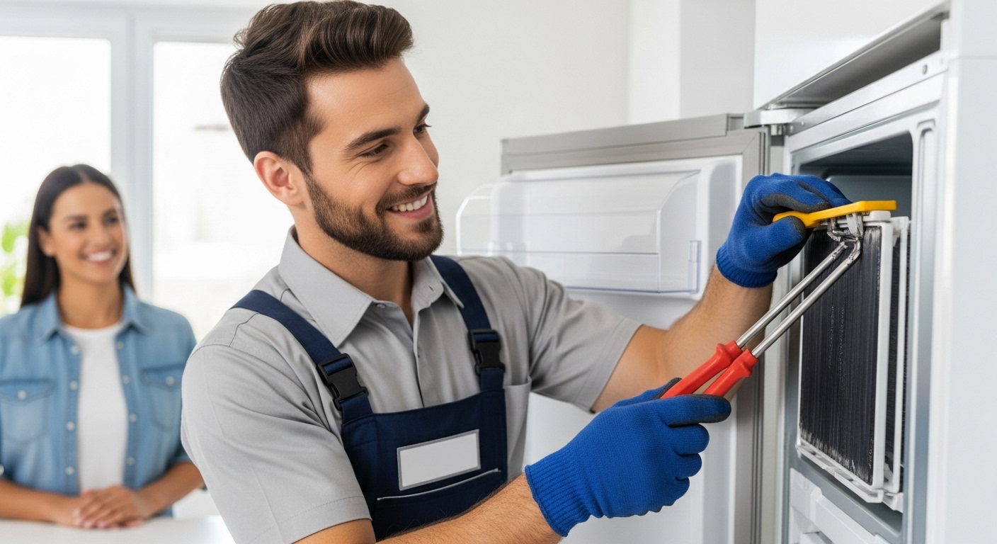 Technician performing preventive maintenance on an appliance