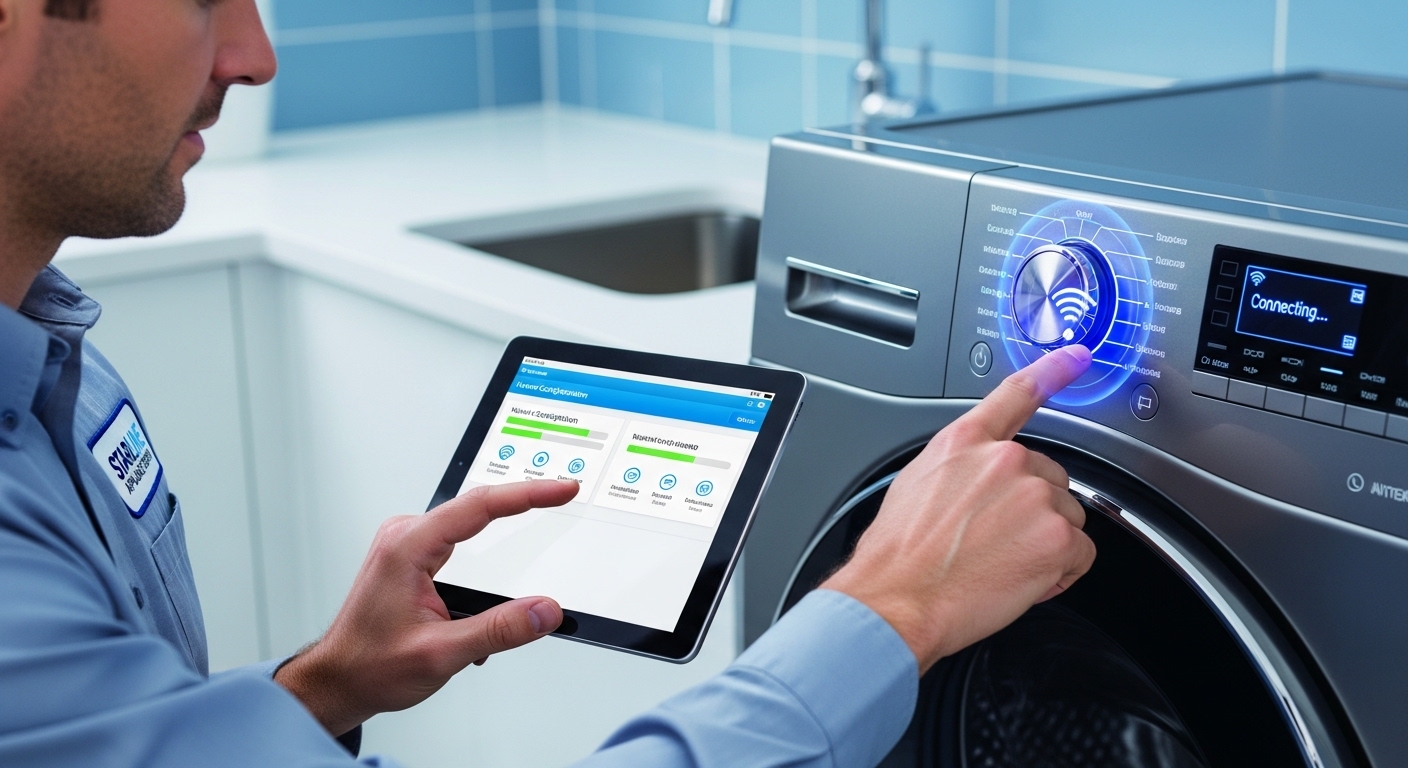 Technician installing smart washer network configuration