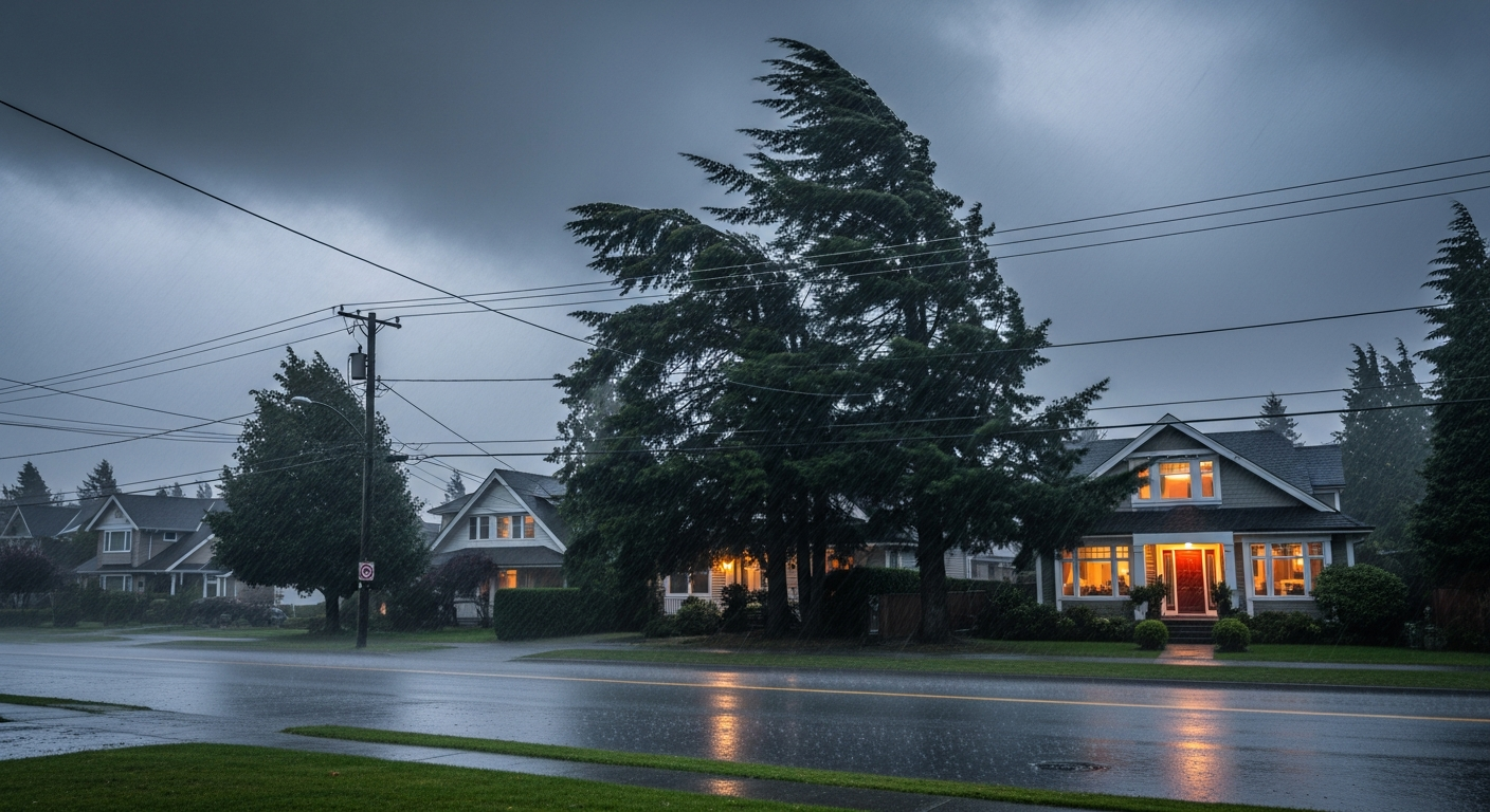 Stormy Vancouver residential power lines during a storm
