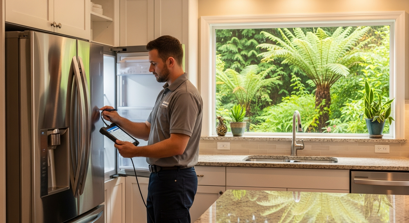 Professional appliance technician servicing refrigerator Vancouver