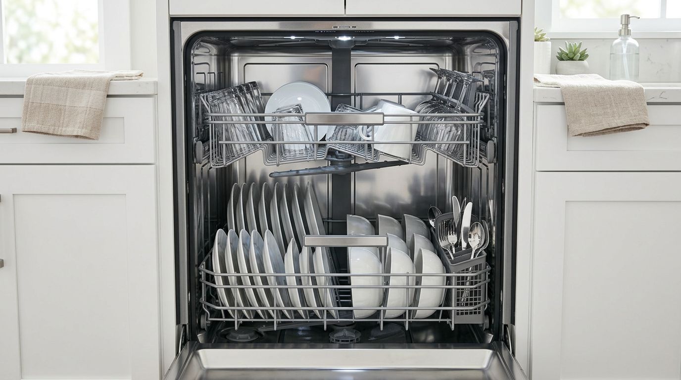 Properly loaded modern dishwasher efficiency