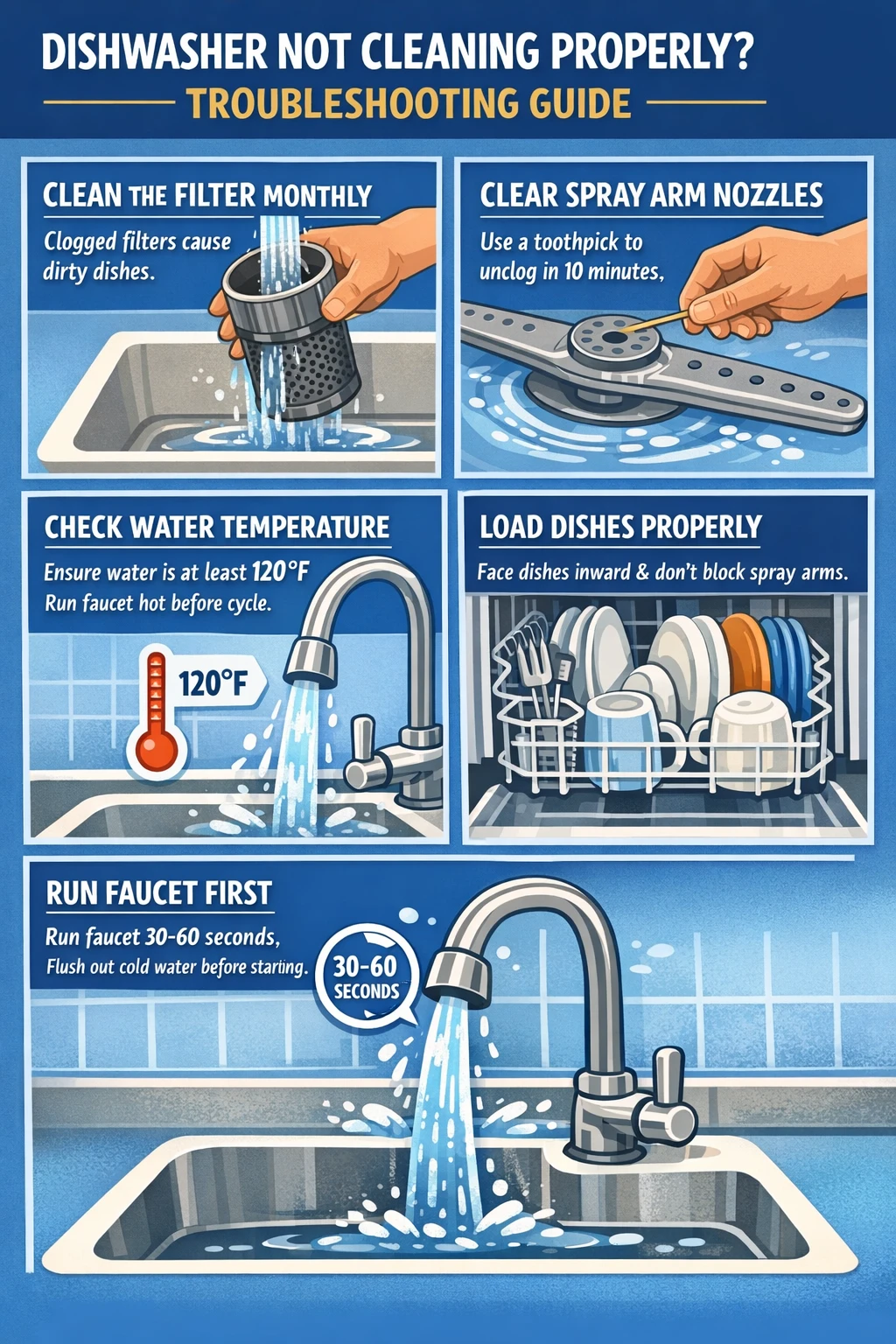 Troubleshooting dishwasher not cleaning dishes infographic